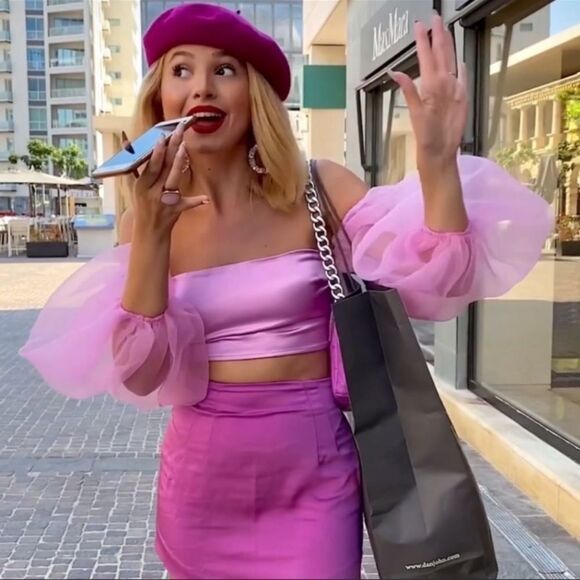 Zara pink satin strapless top with organza balloon sleeves - Picture 7 of 8